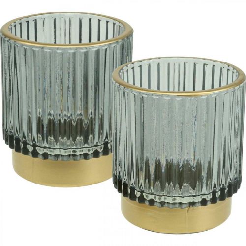 Floristik24 Windlicht Glas Geriffelt Teelichthalter Gold/Grau H8cm 2St