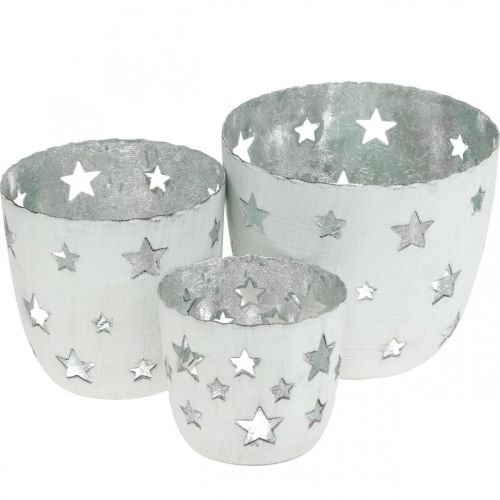 Floristik24 Weihnachtsdeko Teelichthalter Weiß mit Sternen Metall Ø12/10/8cm 3er-Set