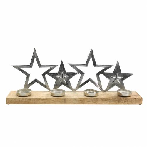 Floristik24 Kerzenhalter Sternensilhouette auf Holzfuß Silbern, Natur Metall, Mangoholz 35cm × 14cm