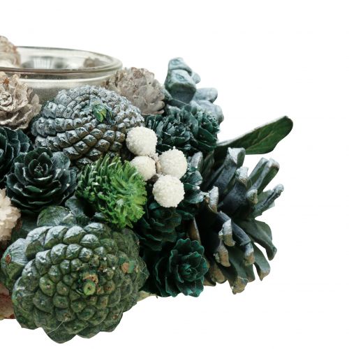 Floristik24 Tischdeko Zapfenkranz mit Teelicht Grün Ø20cm