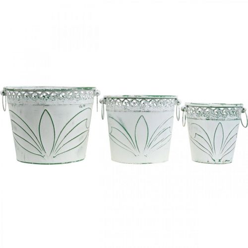 Artikel Blech-Kübel mit Prägung, Pflanzgefäß mit Henkeln Weiß, Grün Shabby Chic H22/19,5/17,5cm Ø25,5/20,5/15,5cm 3er-Set