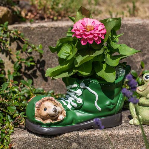 Artikel Übertopf Deko, grüner Schuh mit Igel, Keramik 14x13cm H13cm