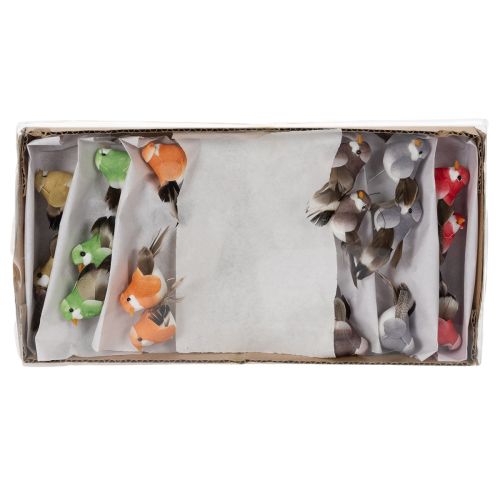 Artikel Dekovögel künstliche Wohnraumdeko Frühlingsanlass mit buntem Federkleid aus echten Federn 5cm 18St