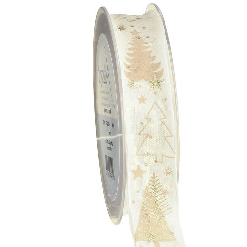 Floristik24 Weihnachtsband Creme Gold Tannenbäume 25mm 15m