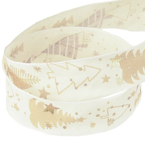 Floristik24 Weihnachtsband Creme Gold Tannenbäume 25mm 15m