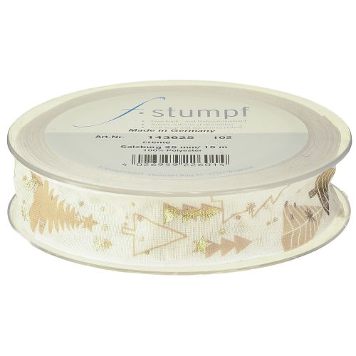 Floristik24 Weihnachtsband Creme Gold Tannenbäume 25mm 15m
