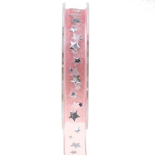 Floristik24 Weihnachtsband Organza Rosa mit Sternmotiv 15mm 20m