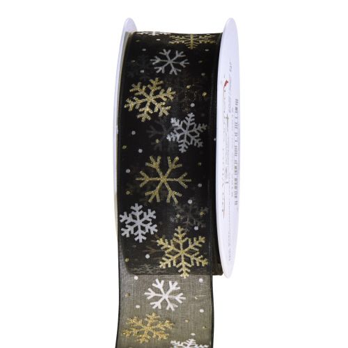 Artikel Weihnachtsband Organza Schneeflocken Schwarz Gold 40mm 15m