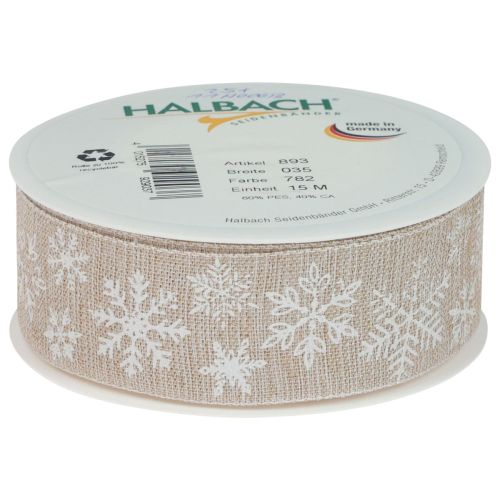 Floristik24 Weihnachtsband Schneeflocke Beige Geschenkband 35mm 15m