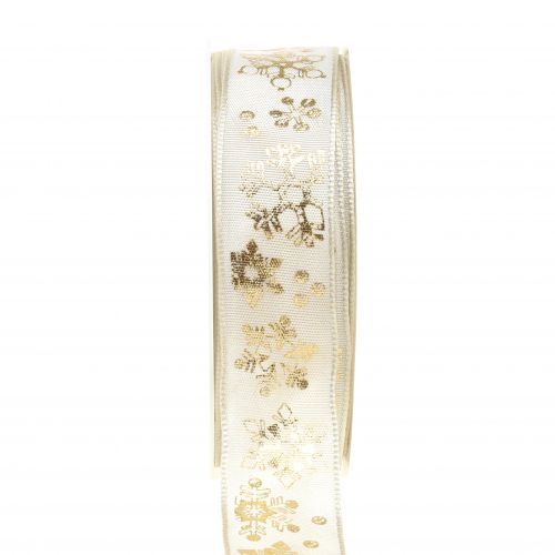 Floristik24 Weihnachtsband Weiß mit Schneeflocke Gold 25mm 20m