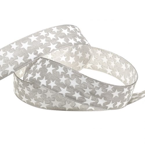 Floristik24 Weihnachtsband mit Stern Grau, Weiß 25mm 20m