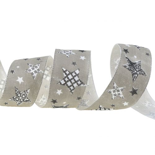 Floristik24 Weihnachtsband mit Sternmotiv Grau 40mm 20m