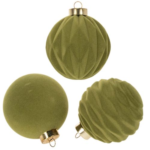 Christbaumkugel Samtoptik Grün Struktur-Mix 8cm 12 Stück Weihnachtskugel beflockt Moosgrün Kugeln aus Kunststoff Moosgrün beflockt Baumwollkordeln für jede Kugel beiliegend