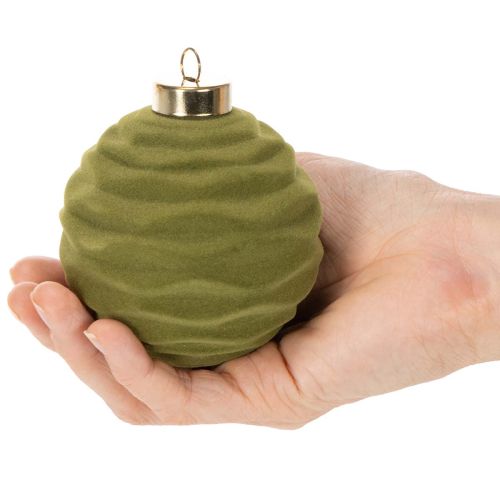 Christbaumkugel Samtoptik Grün Struktur-Mix 8cm 12 Stück Weihnachtskugel beflockt Moosgrün Kugeln aus Kunststoff Moosgrün beflockt Baumwollkordeln für jede Kugel beiliegend | Floristik24.de