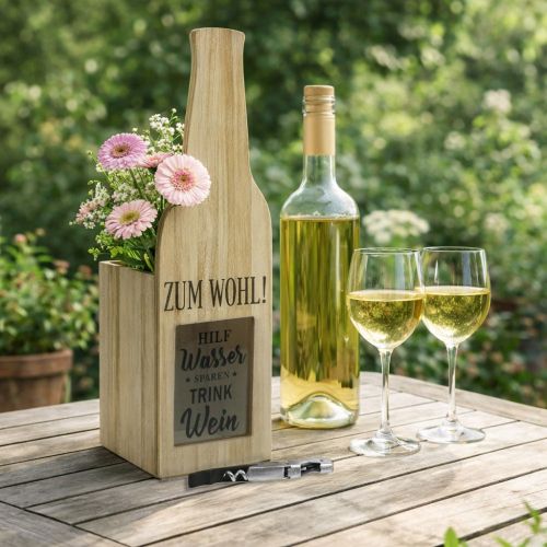 Artikel Präsentkiste, Flaschenhalter „Zum Wohl“, Geschenkkiste mit Flaschenöffner H35cm B10,5cm