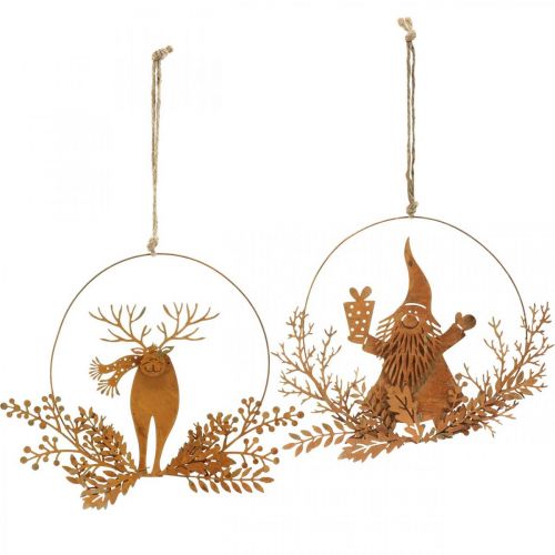 Artikel Dekoring für Weihnachten, Rentier im Ring, Weihnachtsmann mit Geschenk, Metalldeko Edelrost Ø18cm 2er-Set
