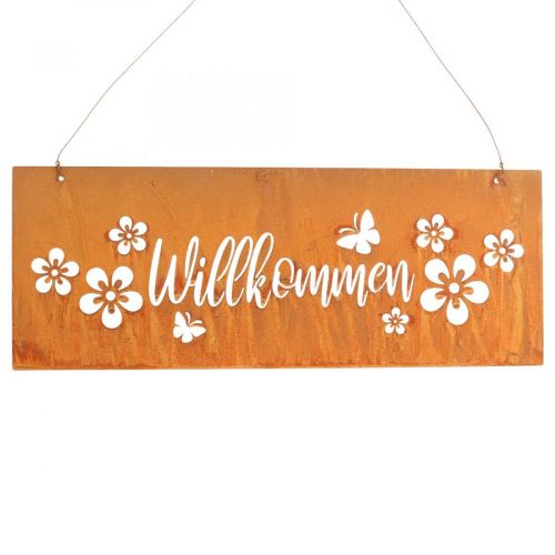 Willkommensschild Metallschild Edelrost Blumen 40x15cm