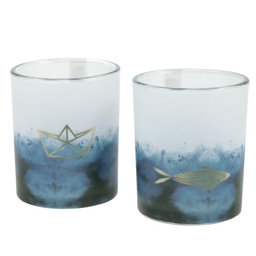 Floristik24 Windlichter Blau-Weiß mit Boot und Fisch Ø6cm