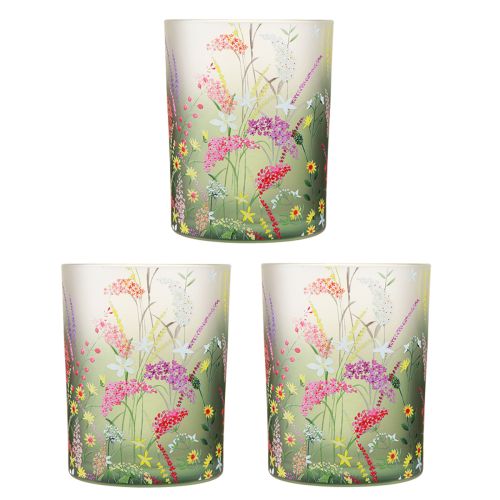 Floristik24 Windlicht Glas mit bunten Blumen Sommer H12,5cm 3 St