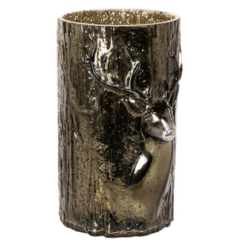 Windlicht Glas mit Hirsch Kopf und Baumreliefs Winterdeko 26cm