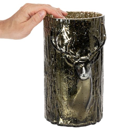 Windlicht Glas mit Hirsch Kopf und Baumreliefs Winterdeko 26cm | Floristik24.de