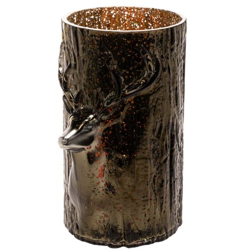 Windlicht Glas mit Hirsch Kopf und Baumreliefs Winterdeko 26cm | Floristik24.de