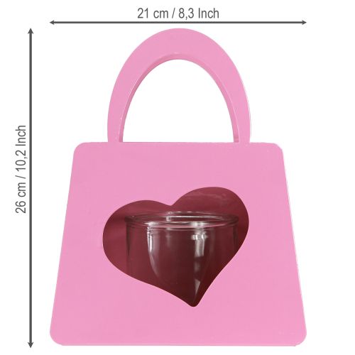 Artikel Windlicht Metall Tasche mit Glaseinsatz Rosa Herz H26cm