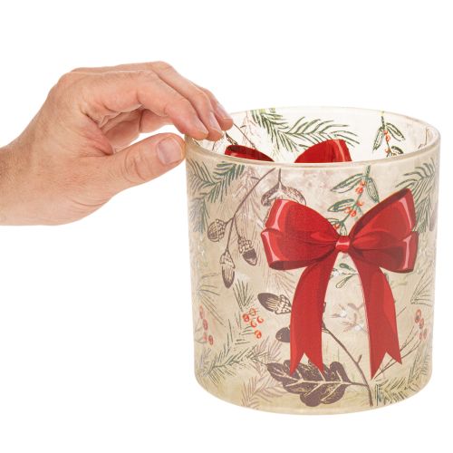 Windlicht Glas mit roter Schleife und Winterzweigen 15cm | Floristik24.de