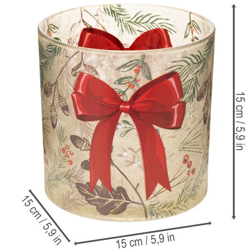 Windlicht Glas mit roter Schleife und Winterzweigen 15cm | Floristik24.de
