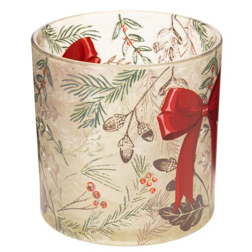 Windlicht Glas mit roter Schleife und Winterzweigen 15cm | Floristik24.de
