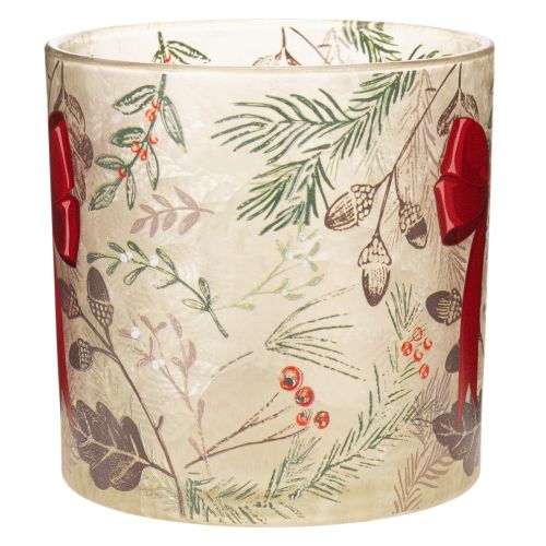 Windlicht Glas mit roter Schleife und Winterzweigen 15cm | Floristik24.de