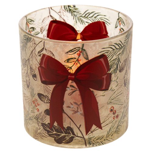Windlicht Glas mit roter Schleife und Winterzweigen 15cm | Floristik24.de