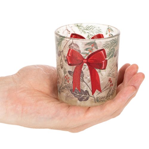 Windlicht Glas mit Weihnachtszweigen und roter Schleife 8cm 2St | Floristik24.de