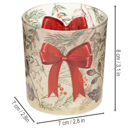 Windlicht Glas mit Weihnachtszweigen und roter Schleife 8cm 2St | Floristik24.de
