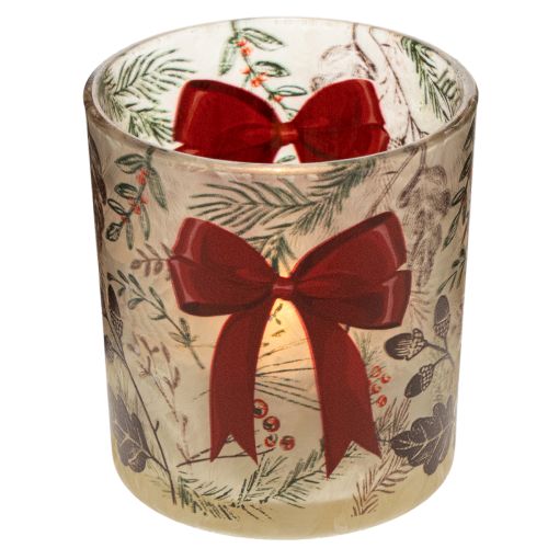 Windlicht Glas mit Weihnachtszweigen und roter Schleife 8cm 2St | Floristik24.de