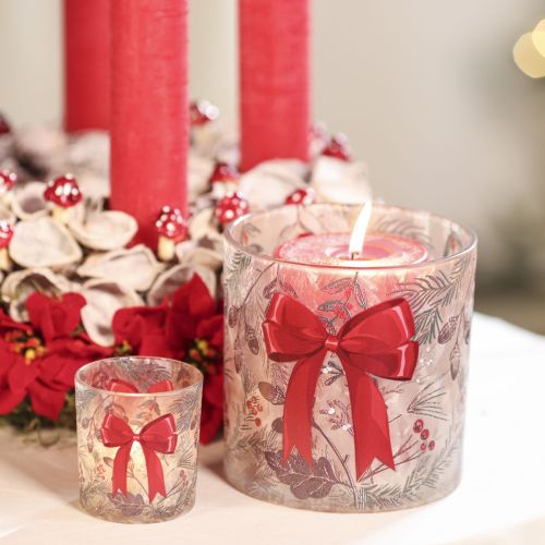 Artikel Windlicht Glas mit Weihnachtszweigen und roter Schleife 8cm 2St