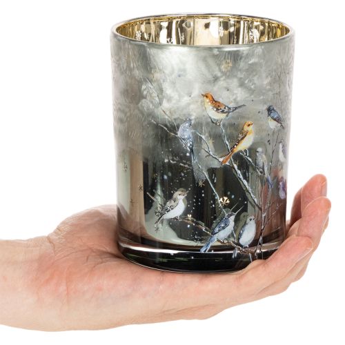 Kerzenglas Vögel Winter Design Windlicht glänzend 12cm | Floristik24.de