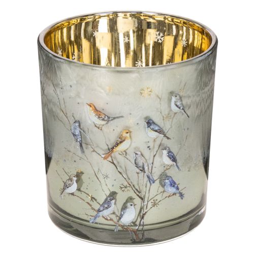 Windlicht Glas mit Vogel und Schneeflocken Motiv 8cm 2St