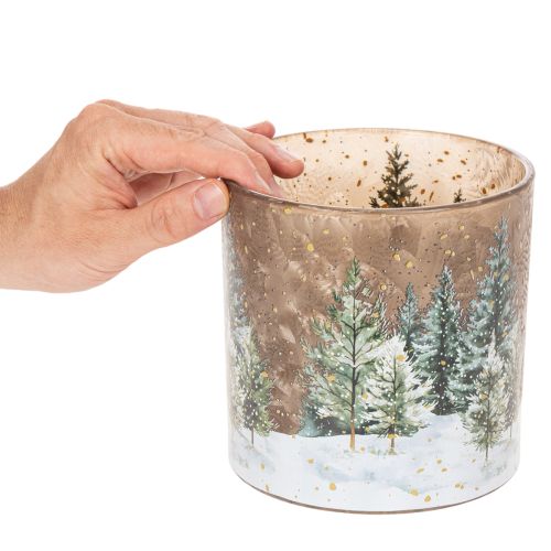 Windlicht Glas mit Tannenwald Teelichthalter Winterdeko 15cm | Floristik24.de