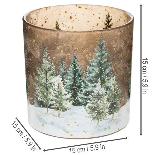 Windlicht Glas mit Tannenwald Teelichthalter Winterdeko 15cm | Floristik24.de