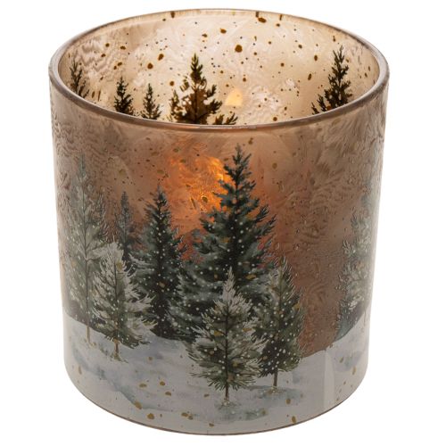 Windlicht Glas mit Tannenwald Teelichthalter Winterdeko 15cm | Floristik24.de