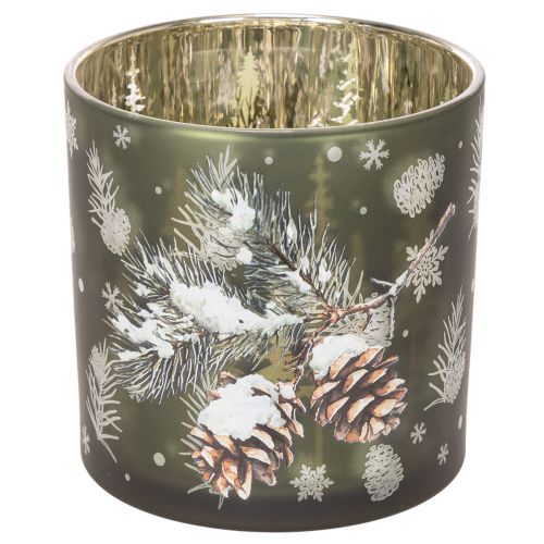 Windlicht Glas Tannenzapfen und Schneeflocken 15cm