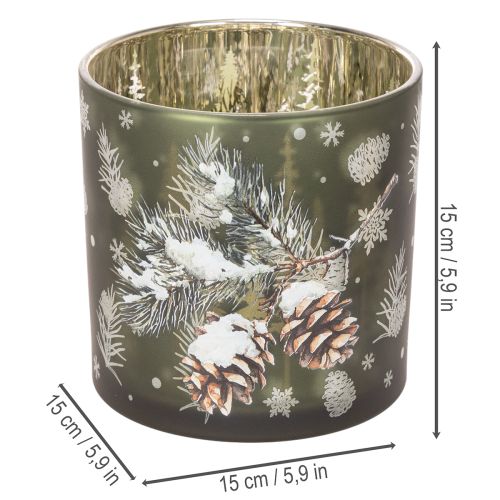 Windlicht Glas Tannenzapfen und Schneeflocken 15cm | Floristik24.de