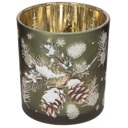 Glas Windlicht mit winterlichem Tannenzweig 8cm 2St