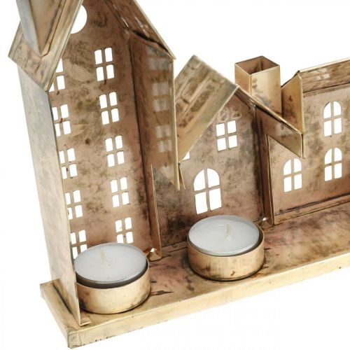 Floristik24 Weihnachtsdiorama, Metalldeko mit Beleuchtung, Lichthäuser Golden, Vintage-Look L67,5cm H20cm