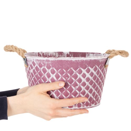 Zinkschale Raute mit Seilgriffen Violett weiß gewaschen Ø24,5cm H14cm | Floristik24.de
