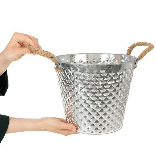 Zinktopf Raute mit Seilgriffen weiß gewaschen Ø24,5cm H21cm | Floristik24.de