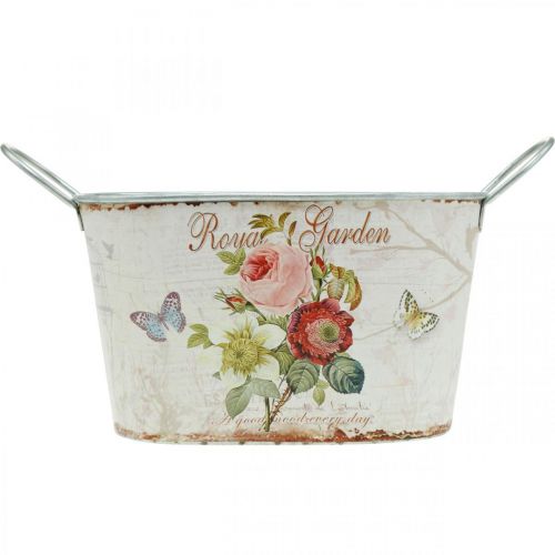 Floristik24 Blumenwanne Vintage, Metalltopf mit Griffen, Pflanzgefäß mit Rosen L18cm H10,5cm