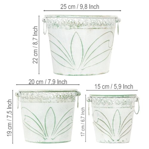 Blech-Kübel mit Prägung, Pflanzgefäß mit Henkeln Weiß, Grün Shabby Chic H22/19,5/17,5cm Ø25,5/20,5/15,5cm 3er-Set | Floristik24.de
