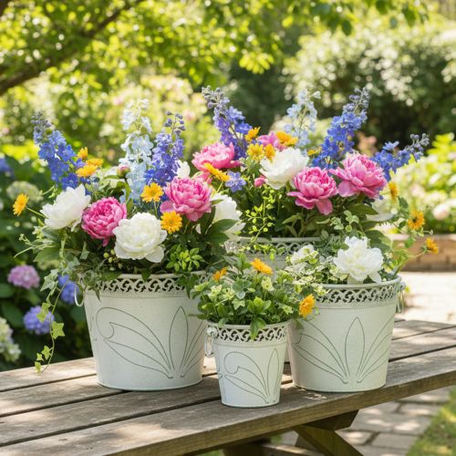 Blech-Kübel mit Prägung, Pflanzgefäß mit Henkeln Weiß, Grün Shabby Chic H22/19,5/17,5cm Ø25,5/20,5/15,5cm 3er-Set | Floristik24.de